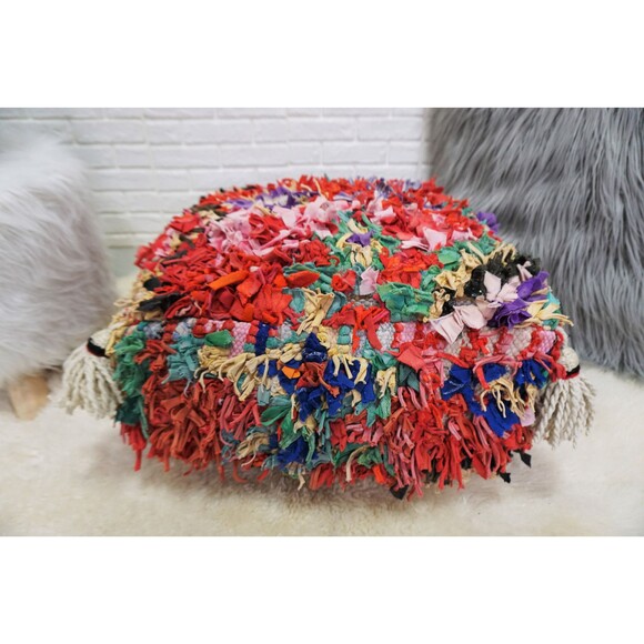 Vintage Moroccan Boucherouite Floor Pillow: Upcycled Berber Pouf Ottoman - Picture 4 of 10